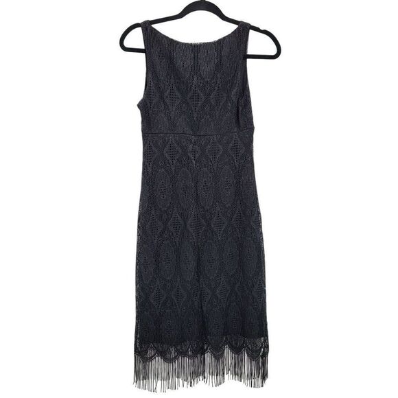 80s Necessary Objects Flapper Dress S Black Midi Lace Overlay Scallop Fringe Hem - Picture 9 of 10